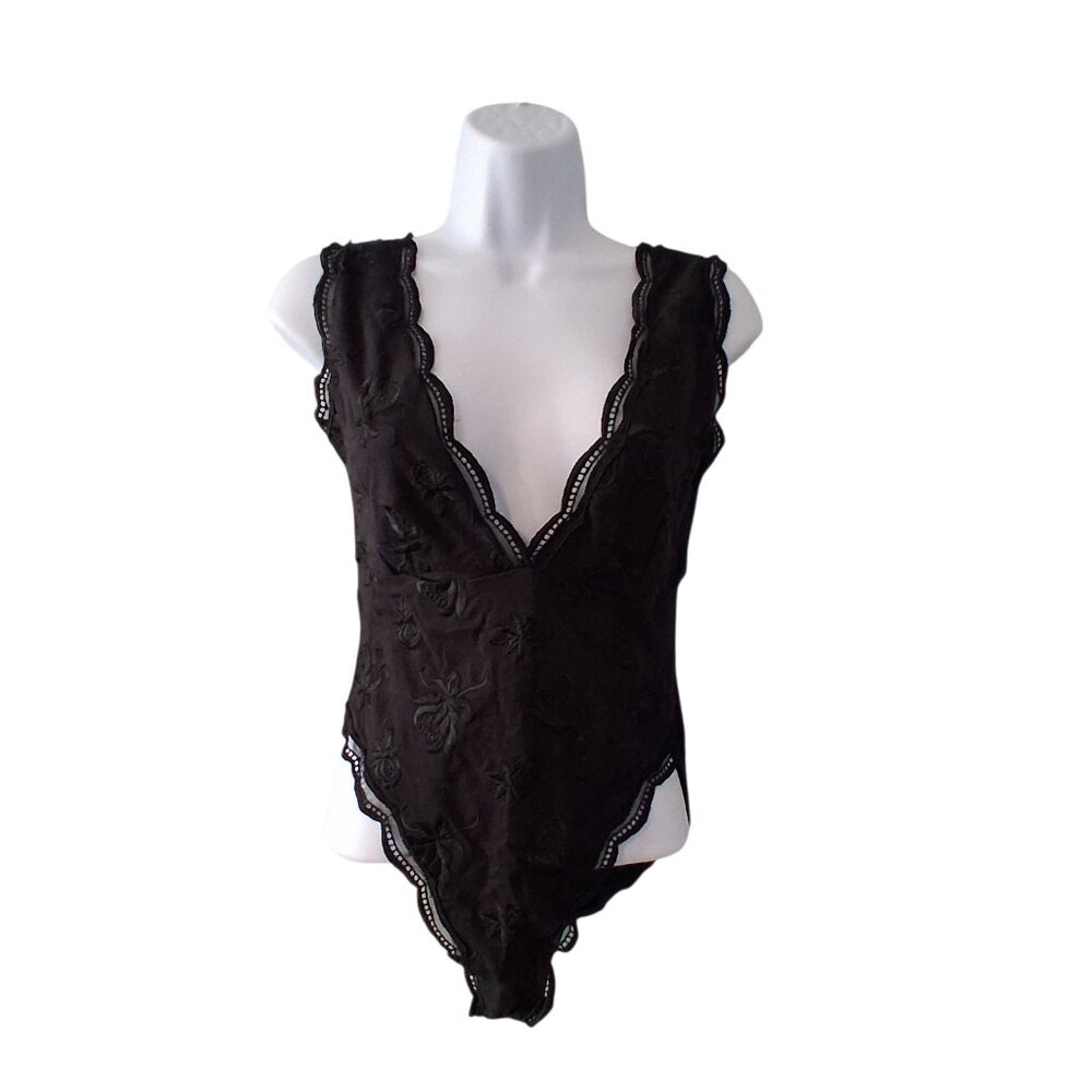 Victoria's Secret nwt vintage bodysuit top M gold label black embroid deepV USA